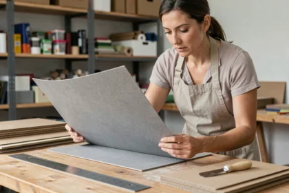 Femme examinant une plaque de carton gris pour cartonnage sur une table d'atelier en bois