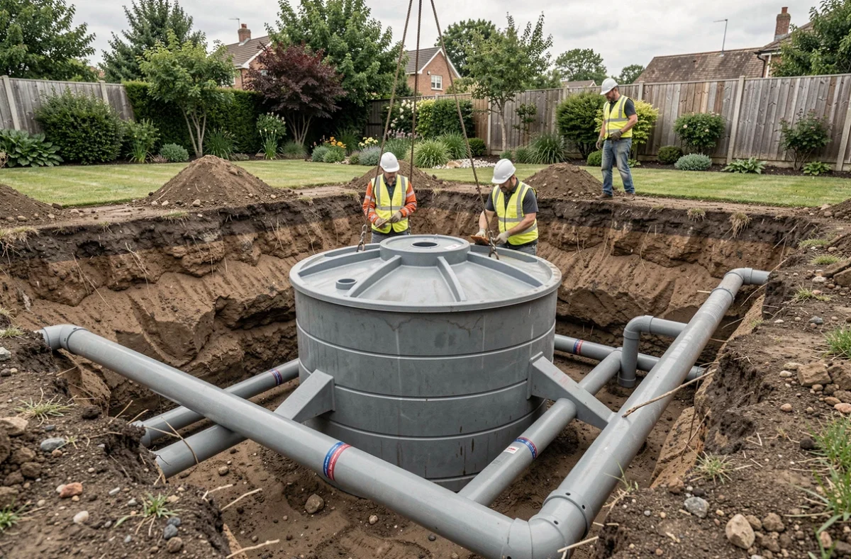 Installation d'une citerne enterrée pour la récupération d'eau de pluie dans un jardin résidentiel avec tuyaux PVC et tranchée excavée