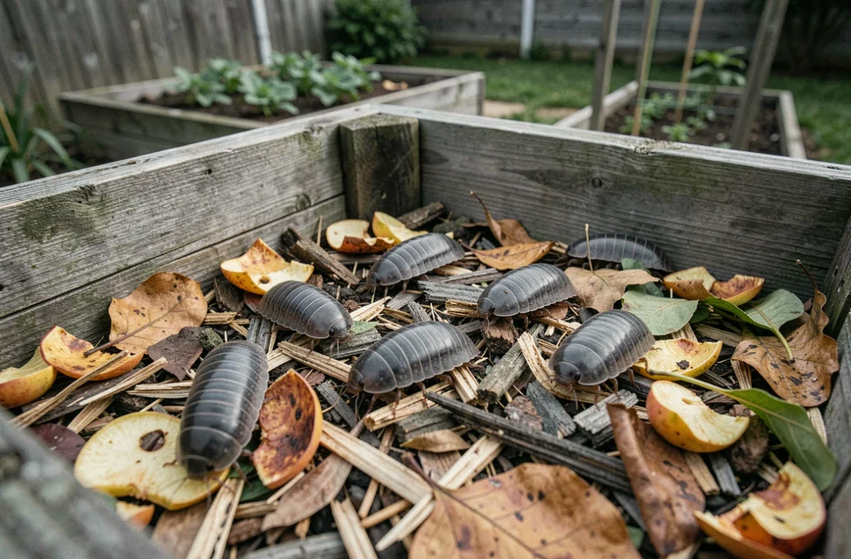 Cloportes se déplaçant sur des feuilles décomposées dans un bac à compost en bois, vue en plongée sur les insectes décomposeurs du jardin