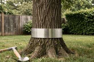 Collier en métal enroulé autour d'un tronc d'arbre pour protéger contre les écureuils dans un jardin résidentiel