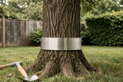 Collier en métal enroulé autour d'un tronc d'arbre pour protéger contre les écureuils dans un jardin résidentiel