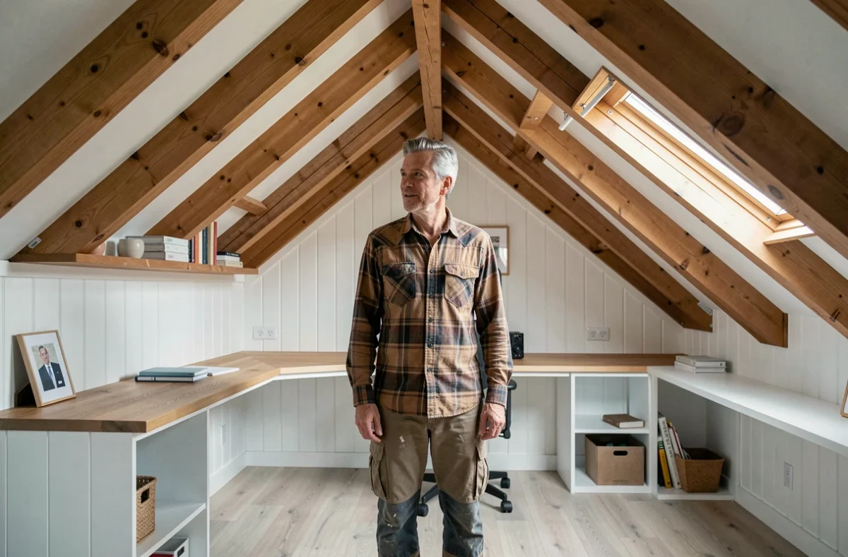 Combles aménagés en bureau à domicile avec charpente apparente et fenêtre de toit, optimisant la surface habitable