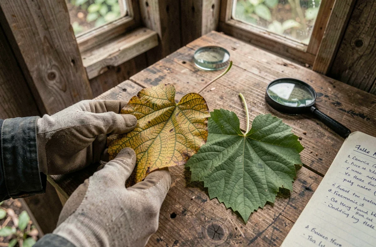Comparaison d'une feuille saine et d'une feuille infectée par un virus végétal tenue par des mains gantées sur un établi en bois