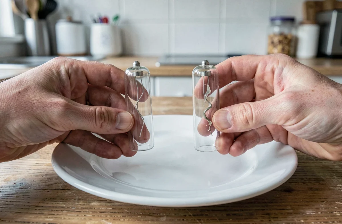Comparaison d'un fusible intact et d'un fusible grillé tenus côte à côte au-dessus d'une assiette blanche
