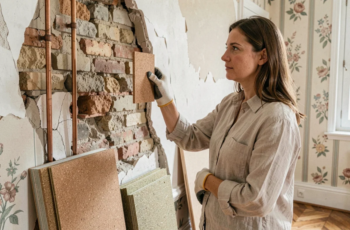 Femme comparant des matériaux isolants écologiques contre un mur en pierre apparente d'une ancienne maison de ville