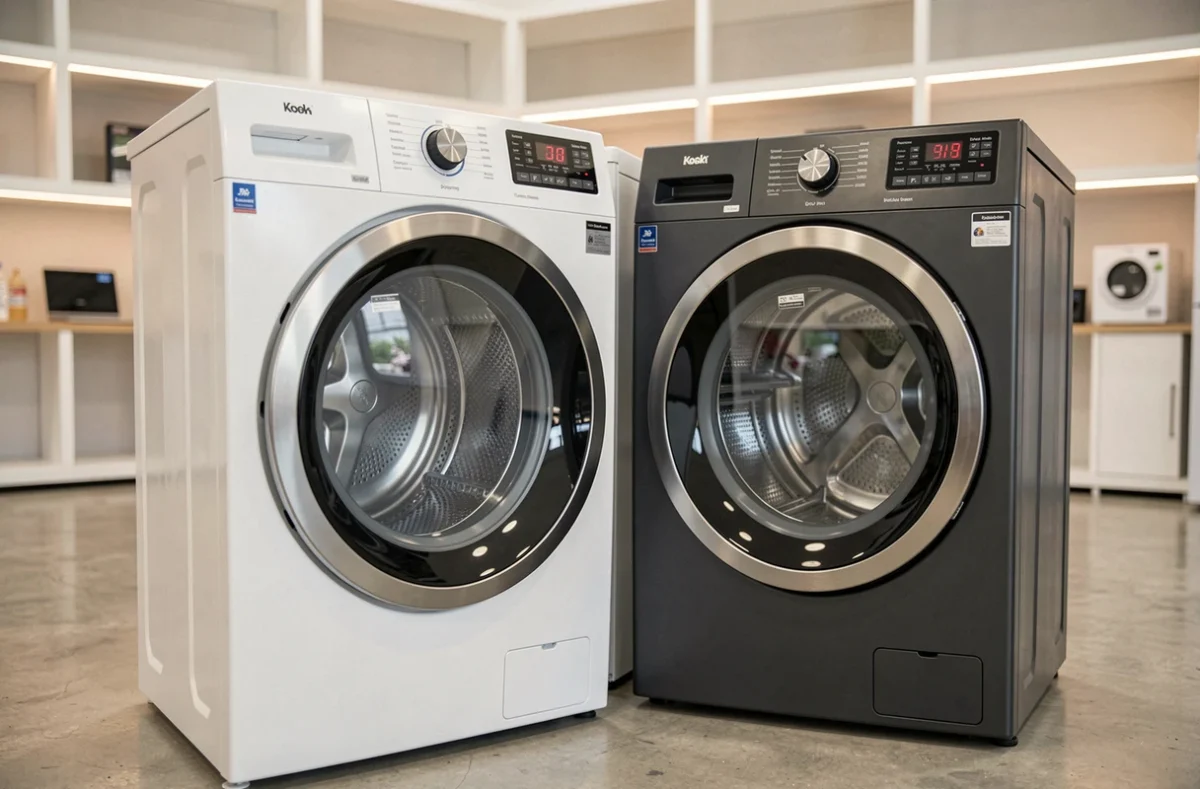 Comparaison de deux machines à laver séchantes côte à côte dans un showroom d'électroménager