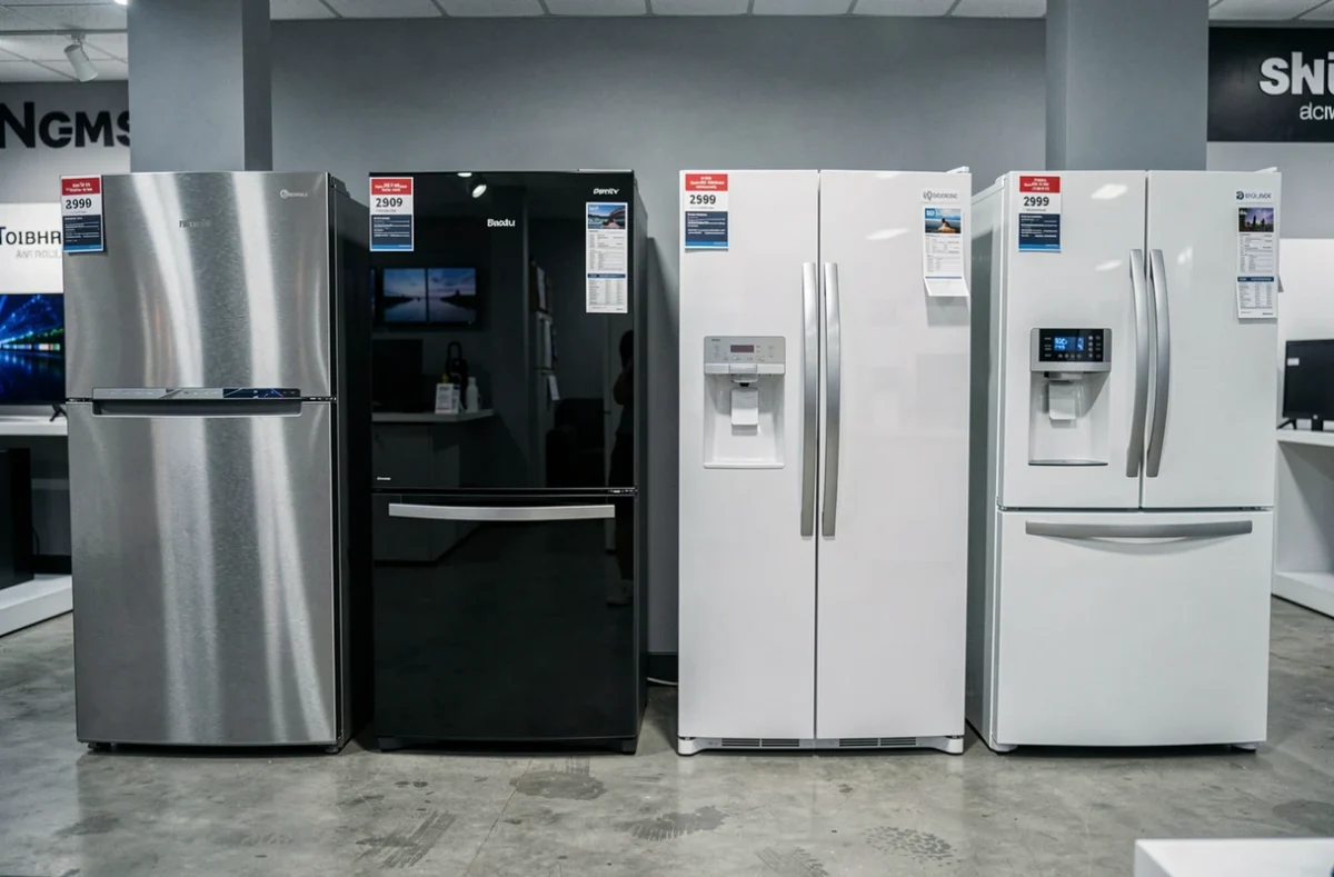 Comparaison de plusieurs modèles de réfrigérateurs exposés dans un magasin d'électroménager