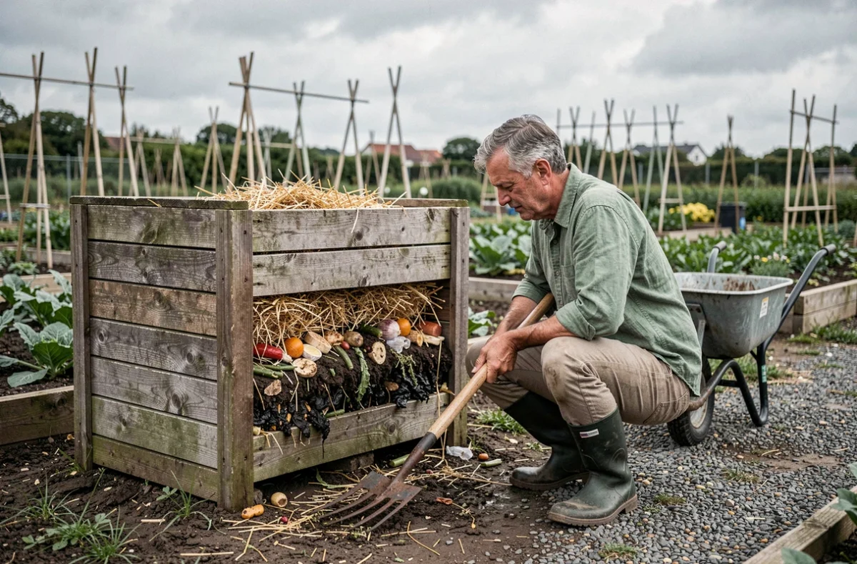 Homme retournant le compost dans un bac en bois pour produire un engrais naturel au potager