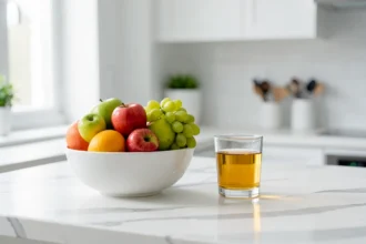 Corbeille de fruits mûrs sur un plan de travail de cuisine