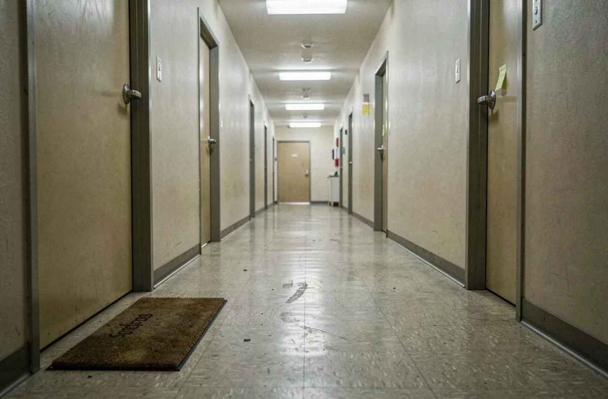 Couloir d'immeuble résidentiel avec une porte d'appartement signalant l'absence du résident