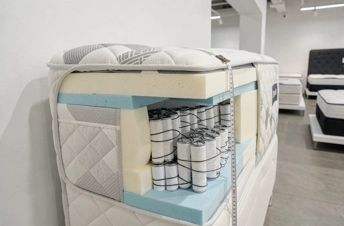 Coupe transversale d'un matelas hybride avec couches de mousse mémoire et ressorts ensachés, idéal pour les personnes en surpoids