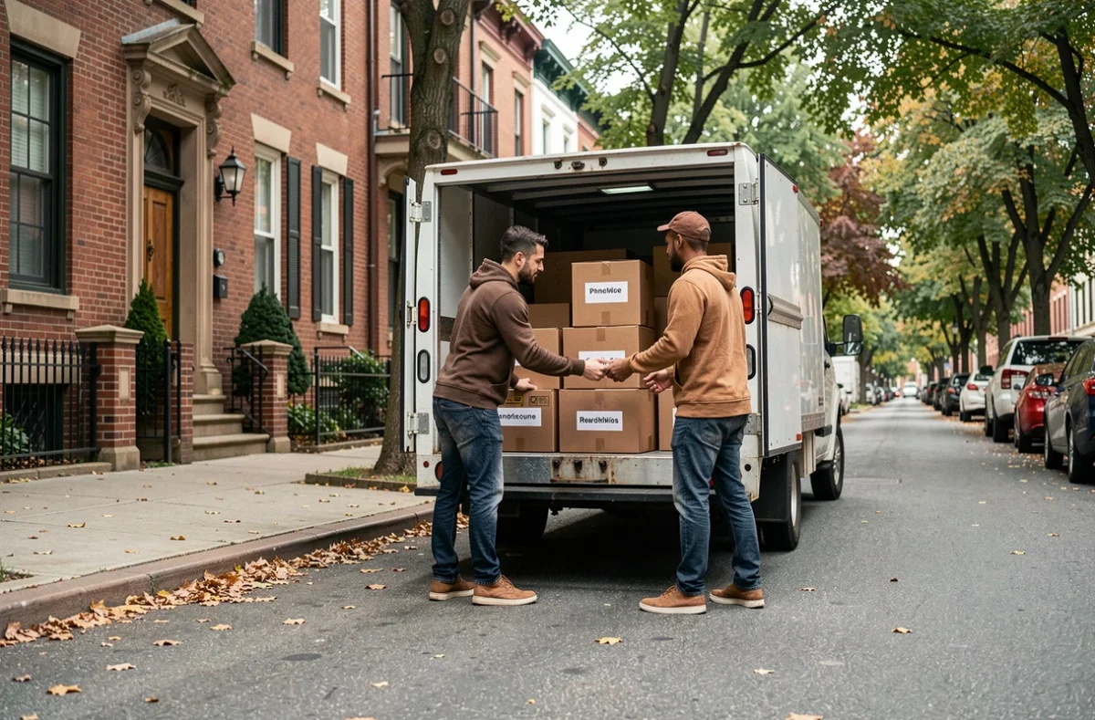 Couple chargeant des cartons dans un camion de déménagement devant un immeuble résidentiel