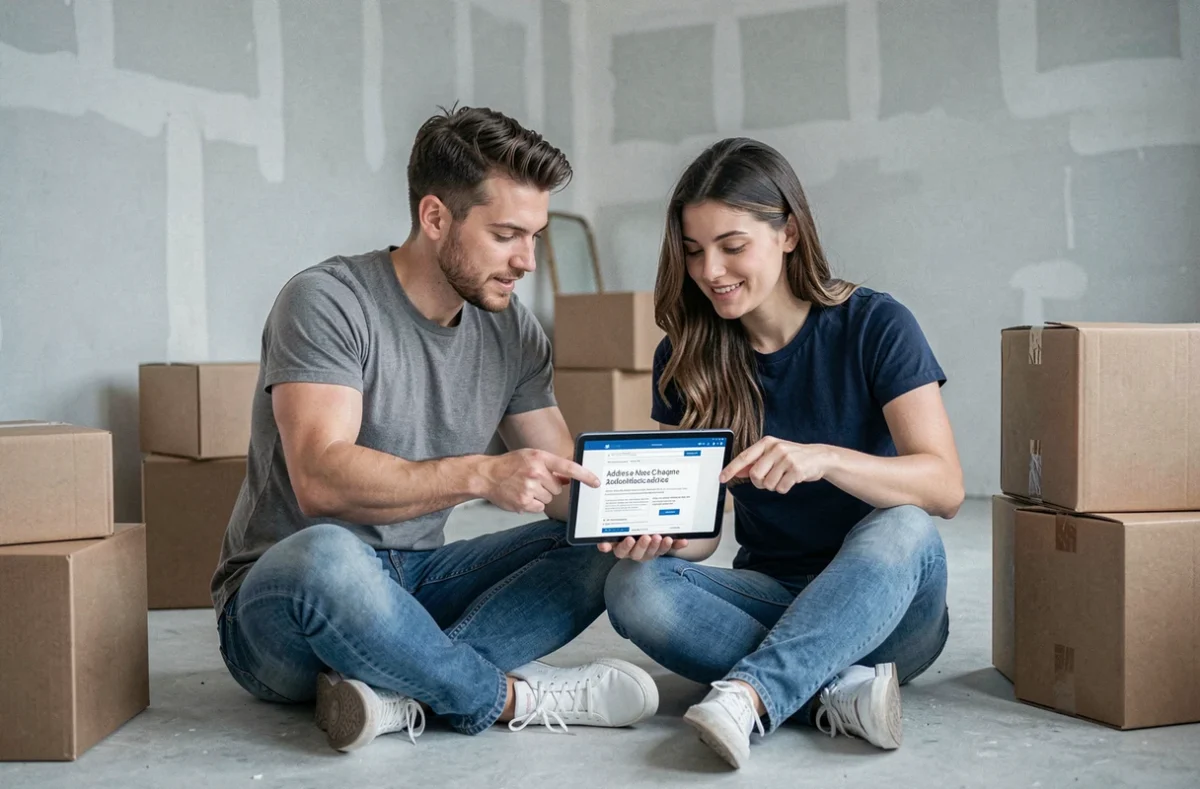 Couple consultant un site administratif sur tablette pour notifier leur déménagement aux organismes officiels