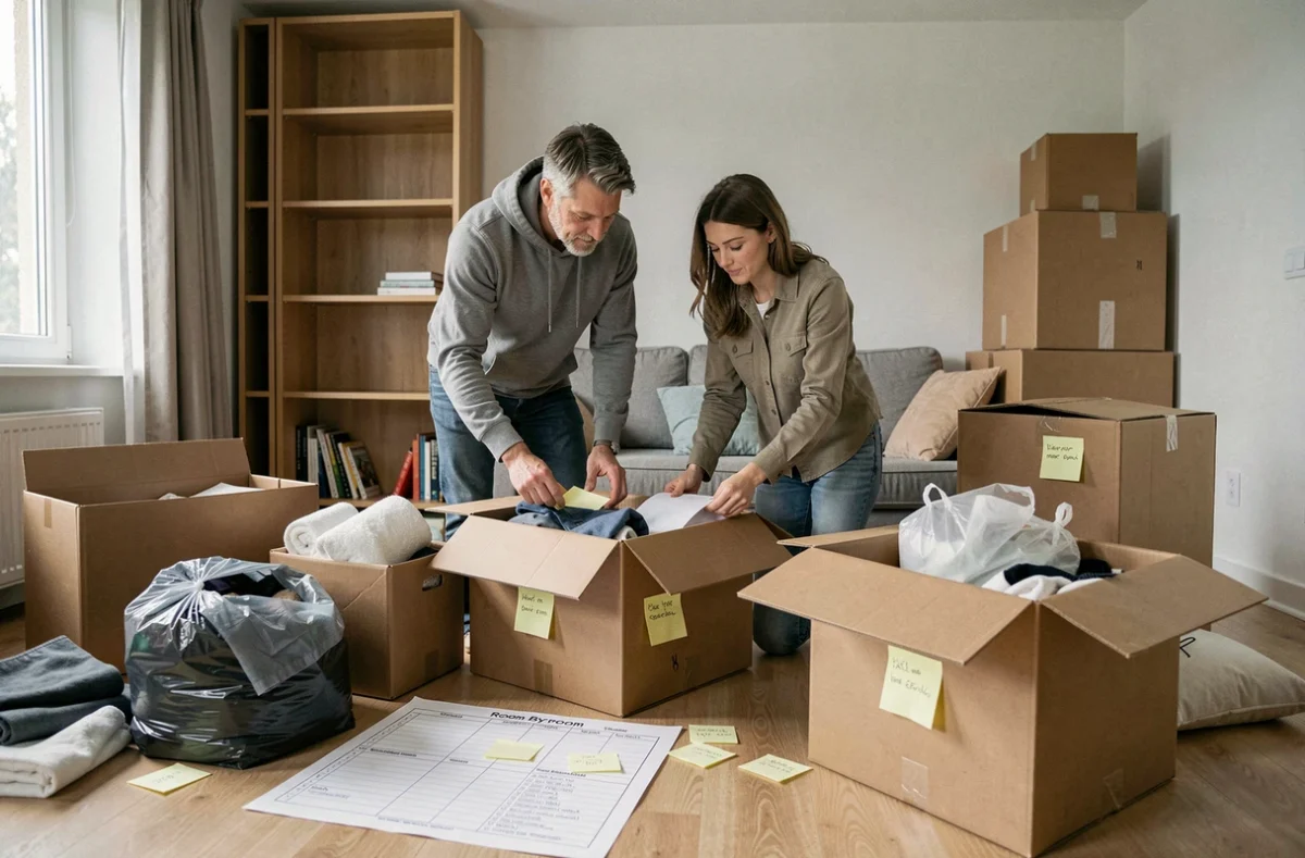 Couple triant et organisant leurs affaires en catégories dans un salon en plein déménagement avec des cartons ouverts et des listes de contrôle