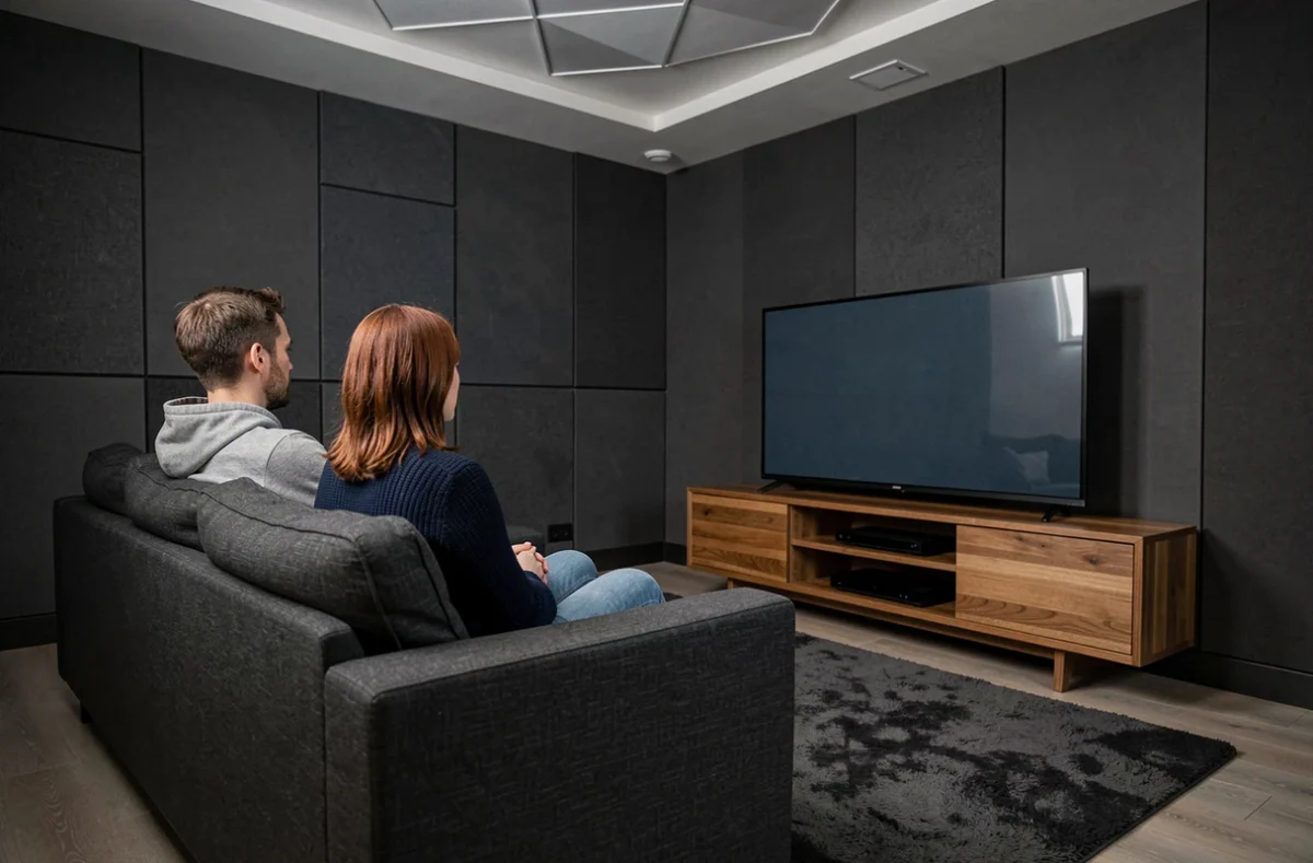 Couple regardant un grand téléviseur 75 pouces placé à la bonne hauteur dans une salle home cinéma