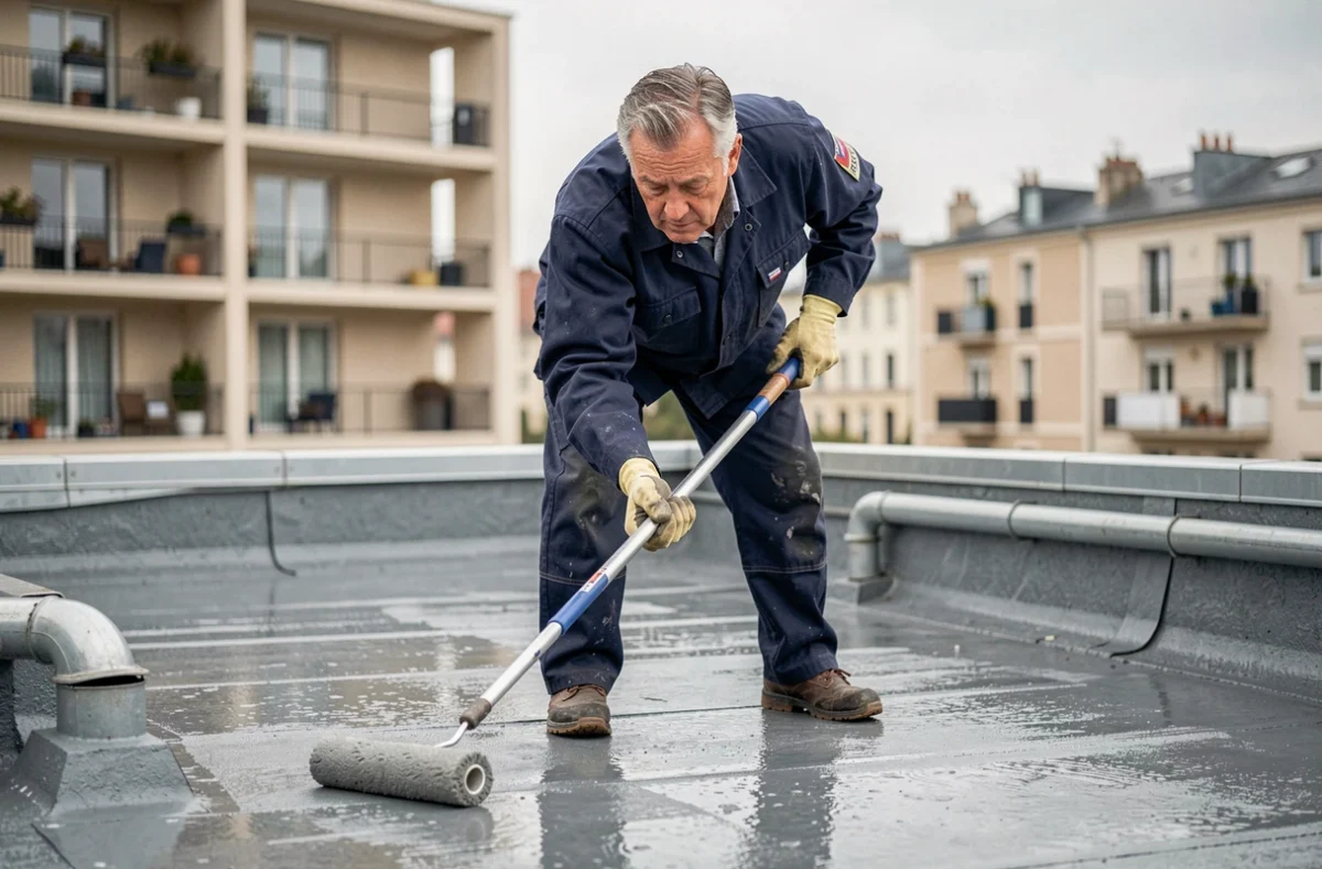 Couvreur appliquant une membrane d'étanchéité sur un toit plat dans le cadre de ses obligations professionnelles