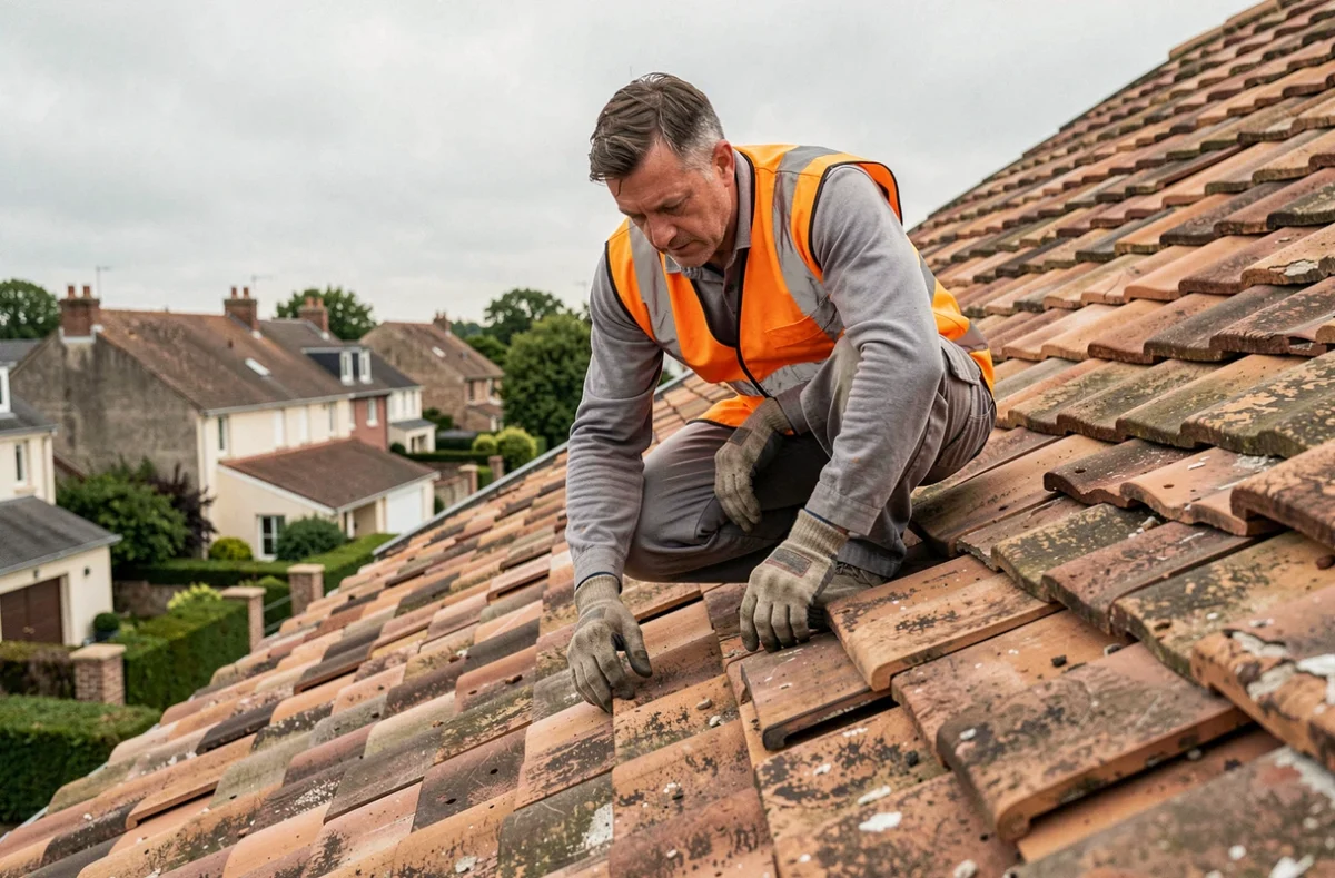 Couvreur professionnel inspectant une toiture en tuiles endommagée avant travaux de rénovation