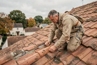 Couvreur professionnel inspectant une toiture en tuiles lors de travaux de rénovation