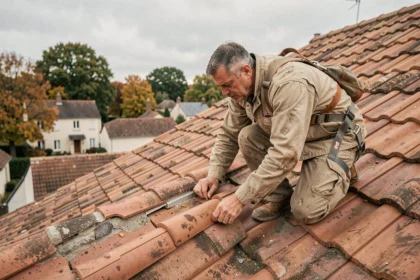 Couvreur professionnel inspectant une toiture en tuiles lors de travaux de rénovation