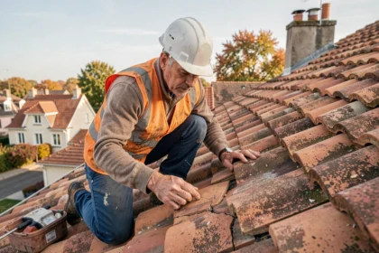 Couvreur professionnel inspectant des tuiles endommagées sur un toit en pente lors d'une expertise de couverture