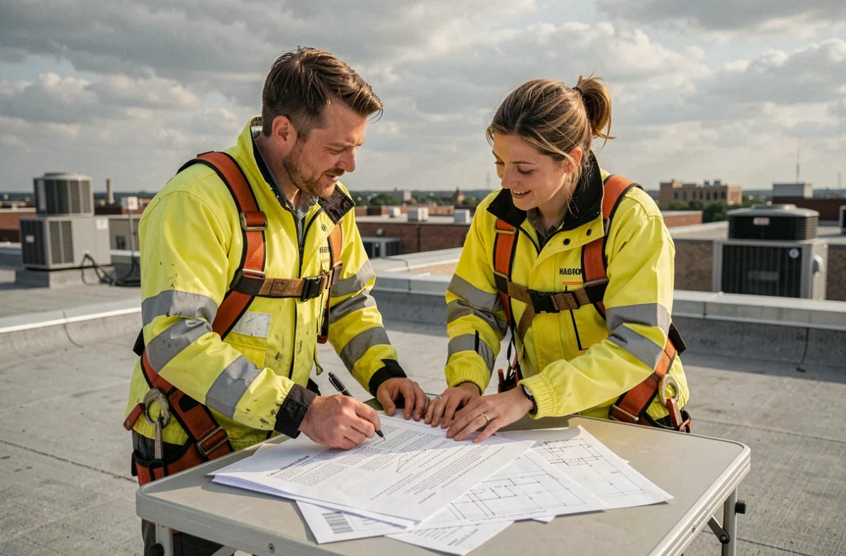 Deux couvreurs examinant un contrat de travaux et des plans techniques sur un chantier de toiture commerciale