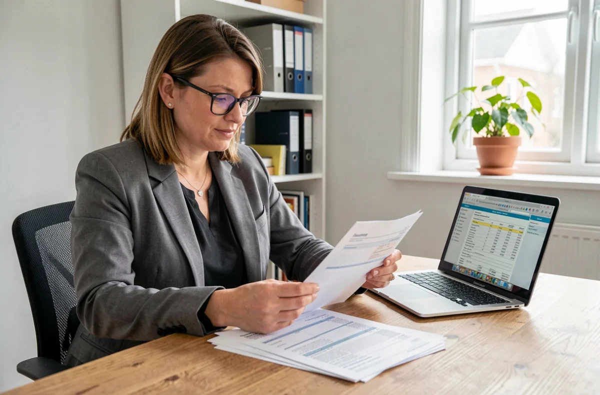 Femme examinant des factures de travaux de toiture pour une déduction fiscale