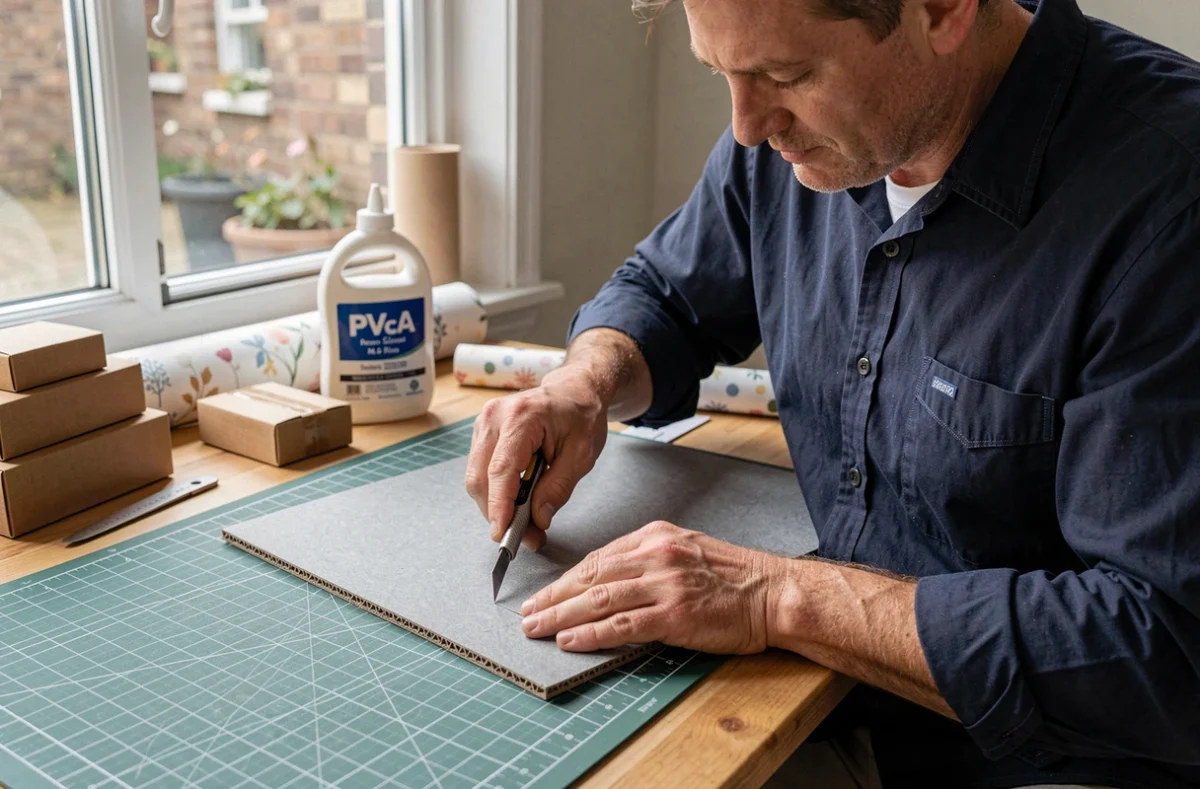 Homme découpant un carton épais pour cartonnage avec un cutter et une règle métallique sur un tapis de découpe