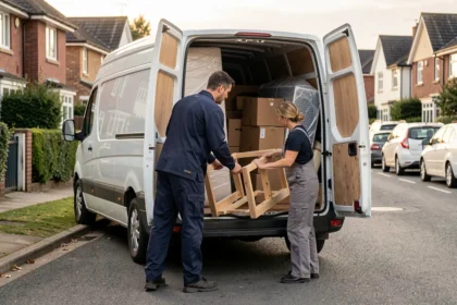 Deux déménageurs chargent un cadre de lit en bois démonté dans un camion de déménagement de 6m3 devant une maison
