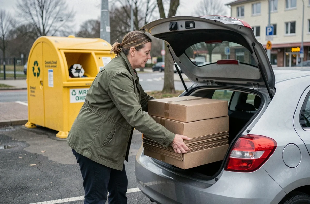Femme chargeant des cartons aplatis dans le coffre de sa voiture près d'une borne de collecte de cartons en ville
