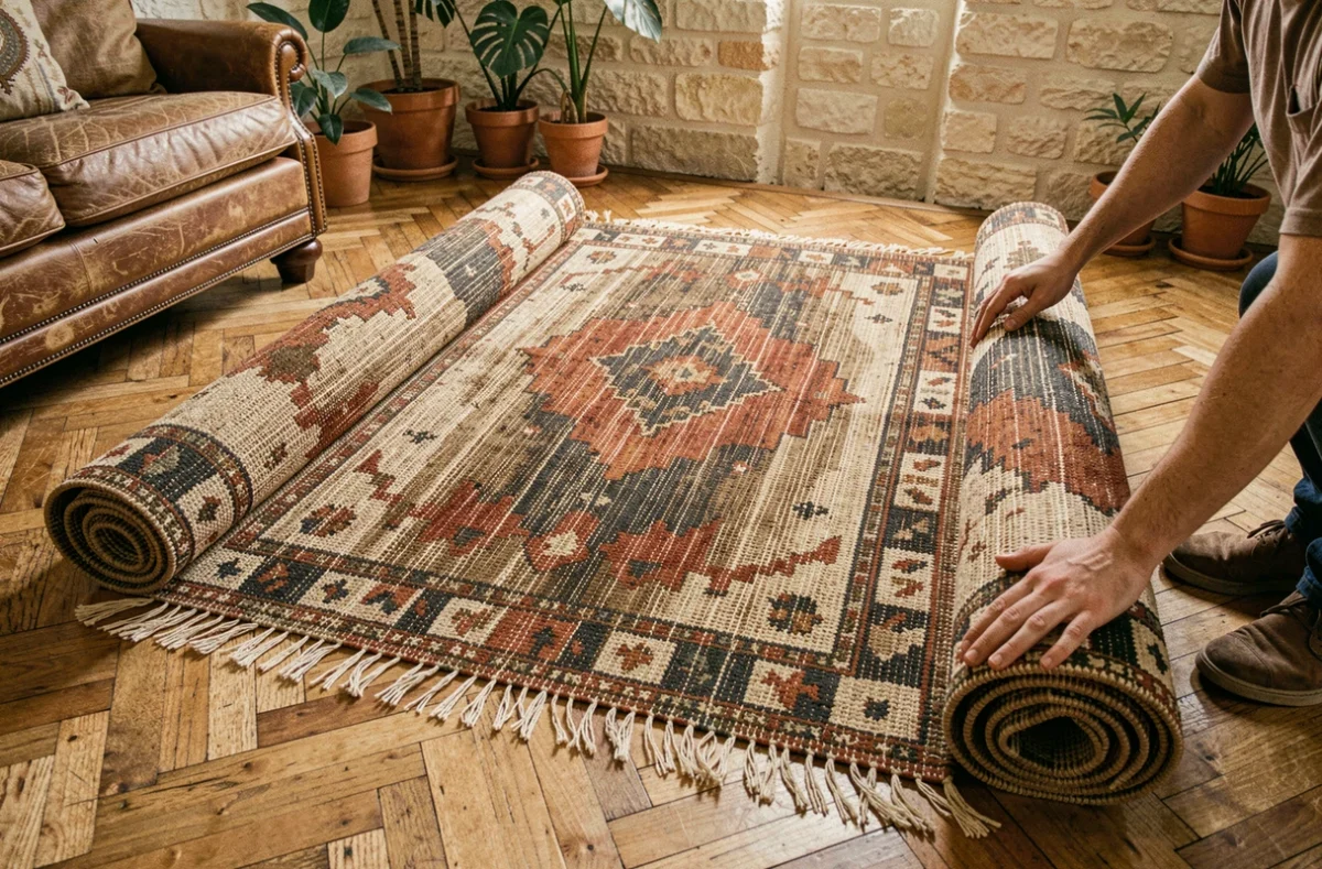 Déroulement d'un tapis berbère en laine à motifs traditionnels sur un parquet en chevrons dans un appartement