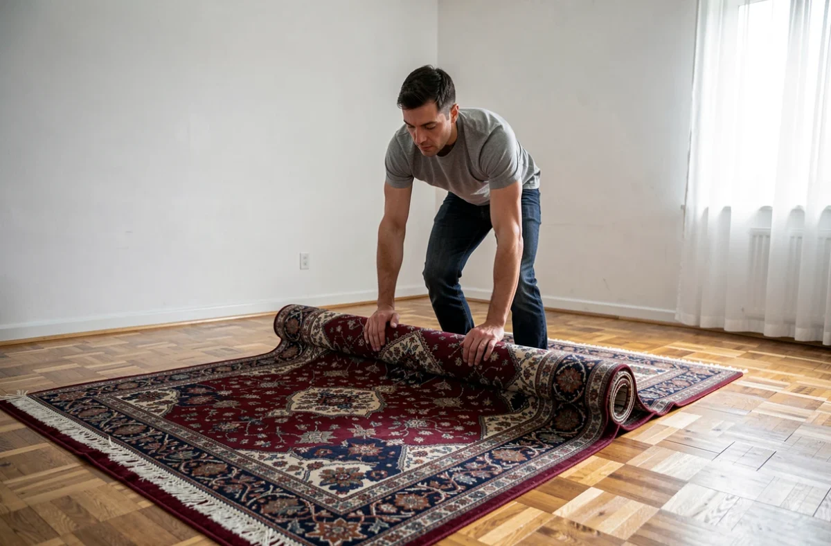 Homme déroulant un grand tapis persan d'occasion sur le parquet d'un appartement moderne pour en évaluer l'état