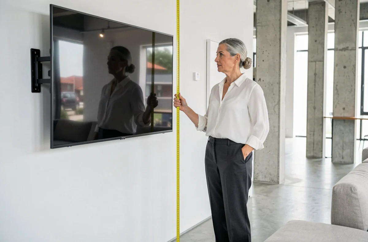 Designer d'intérieur mesurant la hauteur idéale d'installation d'un téléviseur 75 pouces sur un mur dans un showroom