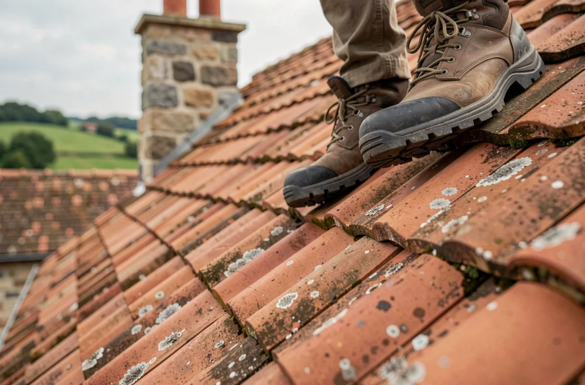 Détail de chaussures de sécurité sur une toiture en tuiles de terre cuite à forte pente illustrant les risques de déplacement en hauteur