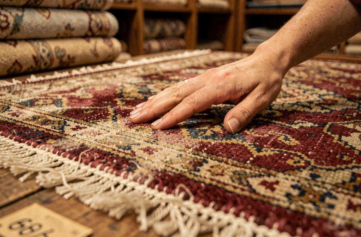 Gros plan sur les détails d'un tapis oriental d'occasion, montrant l'usure des motifs et une main évaluant la densité du poil