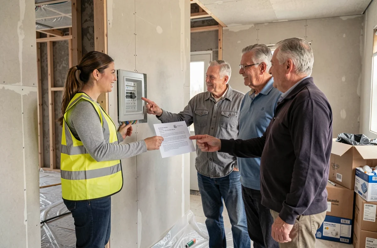 Électricienne remettant un devis de remplacement de tableau électrique à des propriétaires dans une maison en rénovation