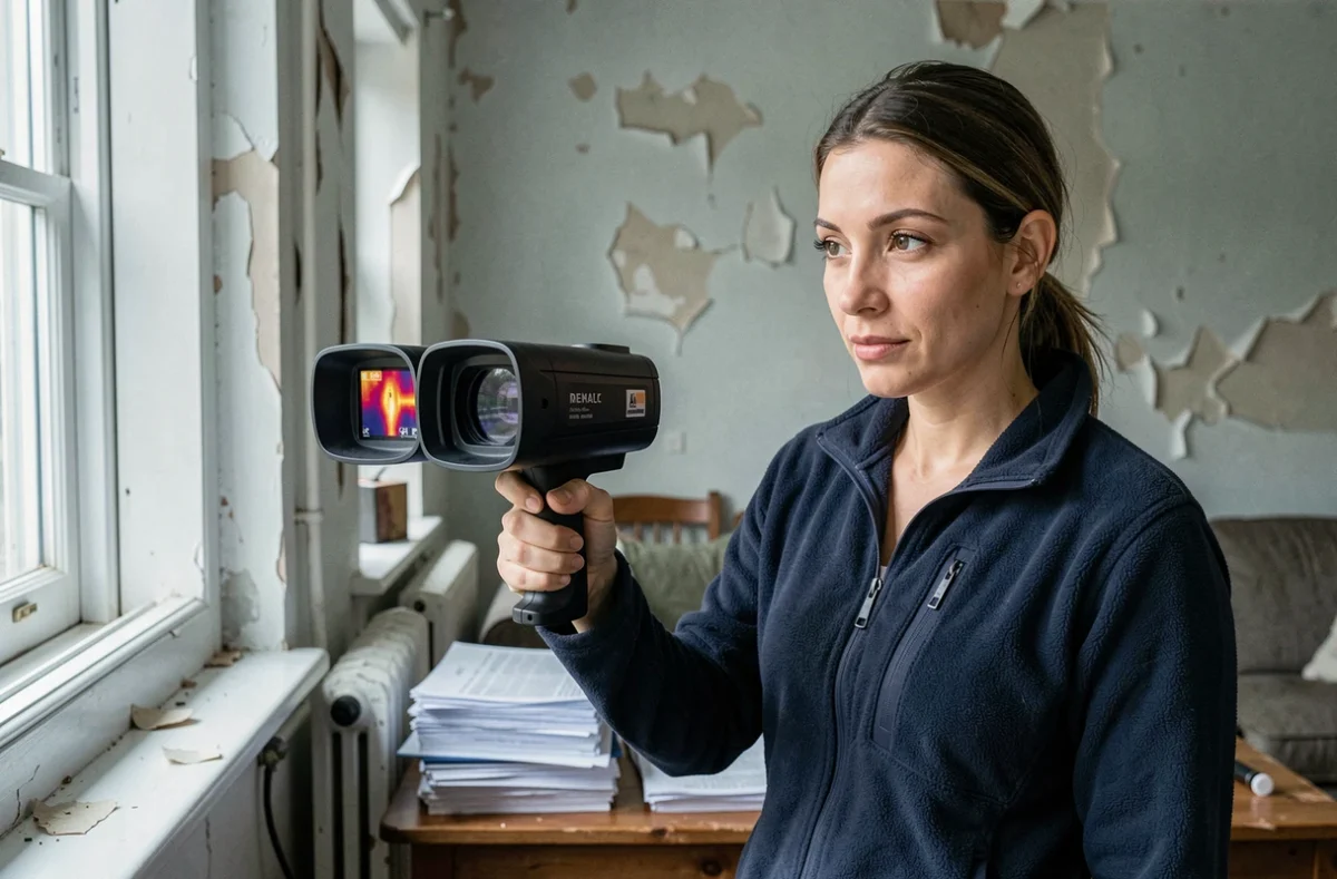 Auditrice énergétique réalisant un diagnostic thermique dans une maison avant travaux de rénovation
