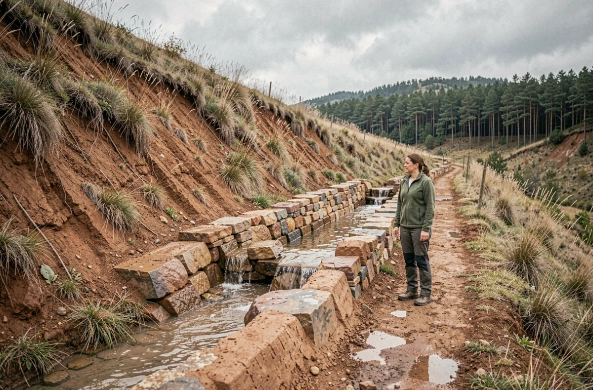 Femme observant un système de diguette en pierres pour dévier l'eau sur une pente de colline