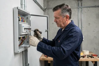 Électricien professionnel inspectant un tableau électrique ouvert dans un appartement résidentiel