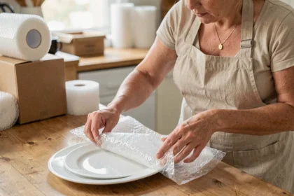 Femme emballant une assiette en céramique blanche avec du papier bulle sur une table en bois