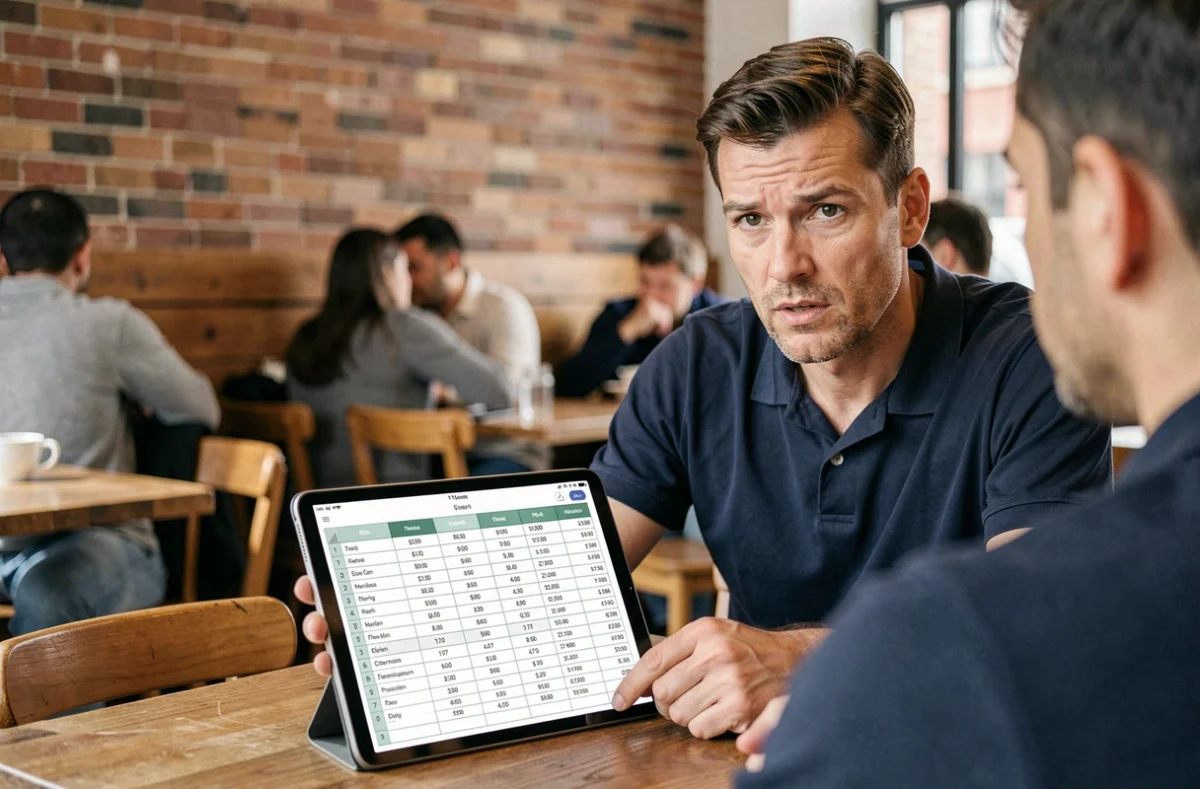 Entrepreneur comparant des devis sur tablette dans un café urbain