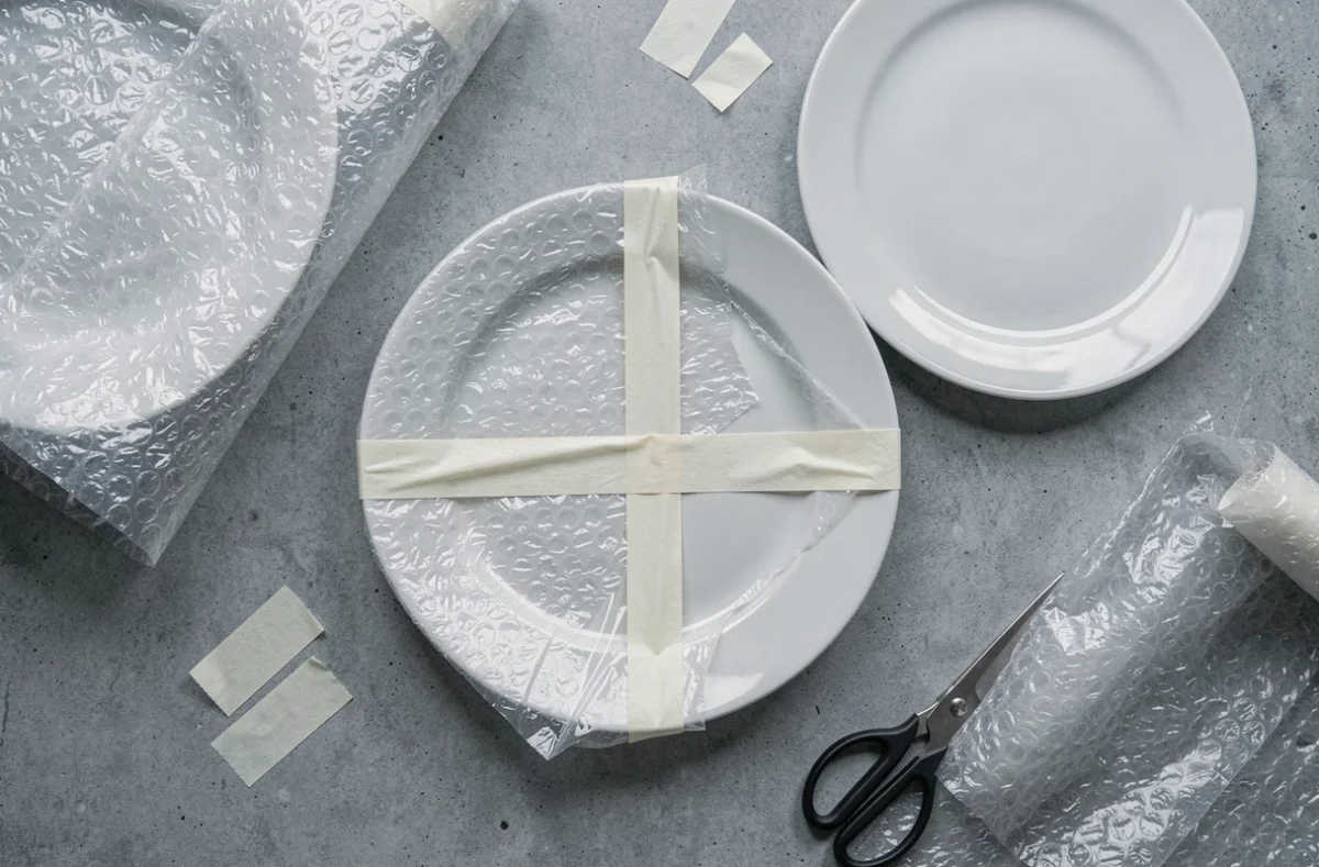 Vue aérienne de trois assiettes à différentes étapes d'emballage dans du papier bulle sur surface béton