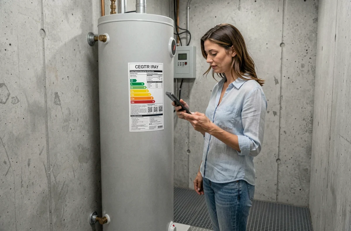 Femme consultant l'étiquette énergie d'un ballon d'eau chaude dans une buanderie pour évaluer les économies d'électricité possibles