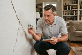 Expert en bâtiment inspectant une fissure diagonale sur un mur intérieur en plâtre dans une maison