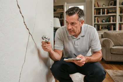 Expert en bâtiment inspectant une fissure diagonale sur un mur intérieur en plâtre dans une maison
