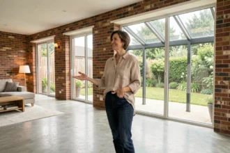 Femme dans un salon agrandi avec une véranda en verre ouvrant sur le jardin, illustrant l'augmentation de la surface habitable