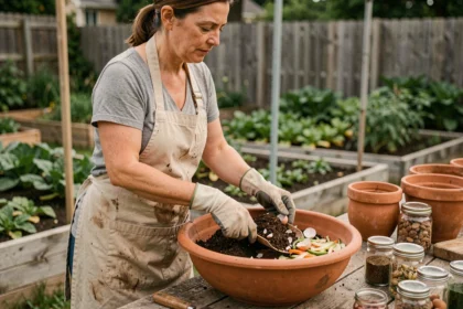 Femme préparant un engrais biologique maison avec des épluchures et du marc de café dans un jardin potager
