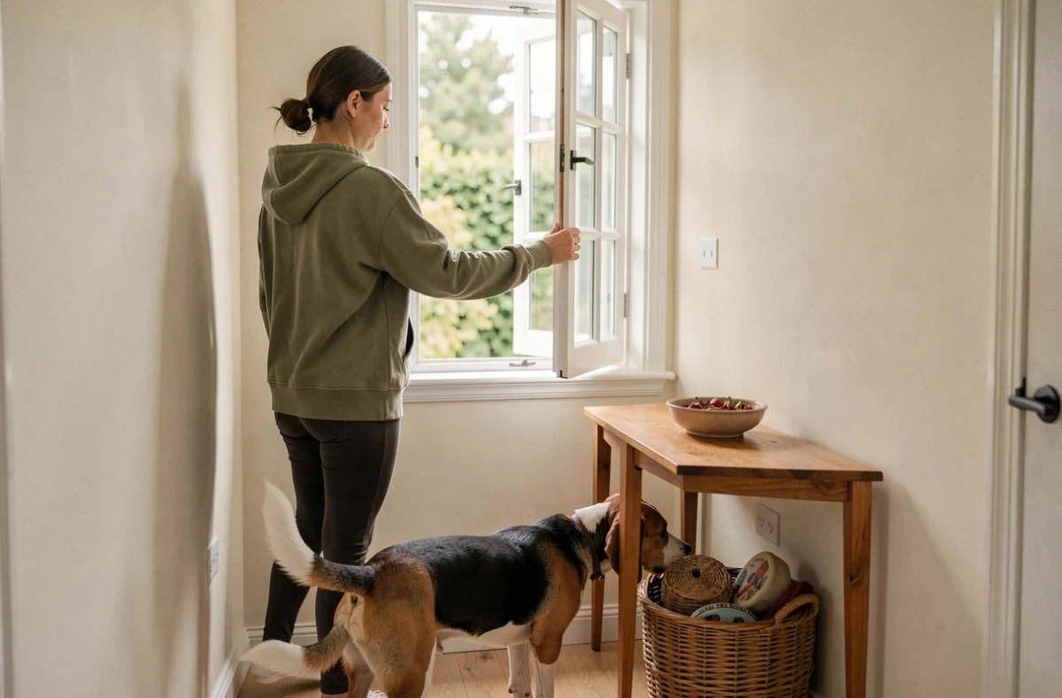 Femme qui aère son couloir pour éliminer les odeurs de chien avec une fenêtre ouverte