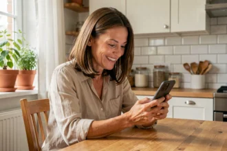 Femme utilisant l'application Allô Voisin sur son smartphone dans sa cuisine