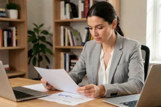 Femme d'affaires analysant un devis imprimé dans un bureau à domicile moderne