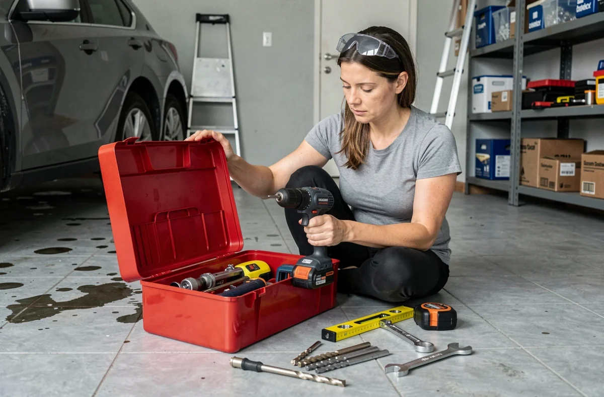 Femme bricoleur inspectant une perceuse sans fil devant une boîte à outils rouge ouverte dans un garage